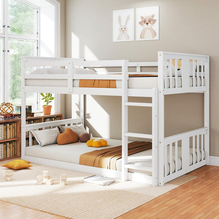 Wooden Low Bunk Bed Twin Over Twin, Solid Pine Bed Frame with Built-in Ladder, Convertible Bed Frame That Separates into 2 Twin Beds, Floor Bunk Bed for Small Spaces, Bedroom, White
