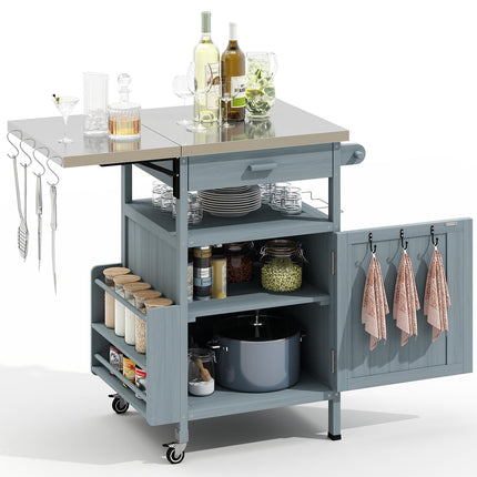 Outdoor Grill Cart with Drop Leaf, Stainless Steel Tabletop Outdoor Kitchen Island, Solid Wood Outdoor Buffet Cabinet with Drawer, Towel Rack, Lockable Wheels for Grilling, Brown/Light Wood Color/Gray-blue