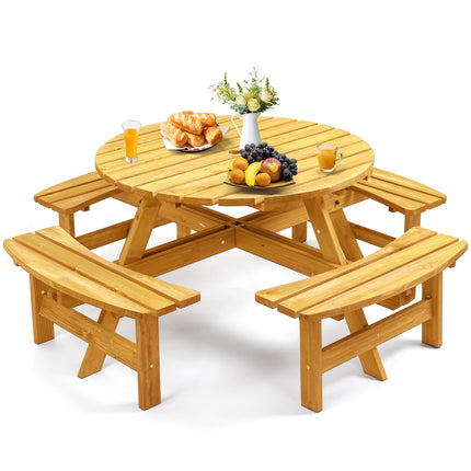 8 Person Wood Picnic Table, Round Tabletop with Umbrella Hole, 4 Built-in Curved Benches, 2220LBS Total Capacity for Patios, Backyard, Light Wood Color