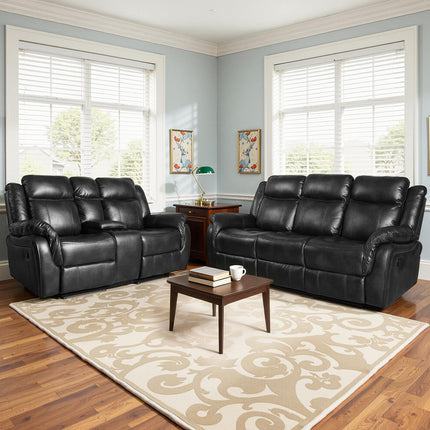 Leather Manual Recliner Sofa Set, Reclining Sofa Chair with Adjustable Angle, Living Room Furniture Sets, Includes Single Recliner Chair and Loveseat Sofa, Black