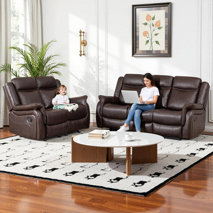 Adjustable Recliner Sofa Set, 2-Piece Reclining Couch (1+3, 2+3), Single Seat Recliner & Sofa Set with PU Leather, Cup Holders, Ergonomic Backrest & Angle Adjustment for Living Room & Office, Brown Seat