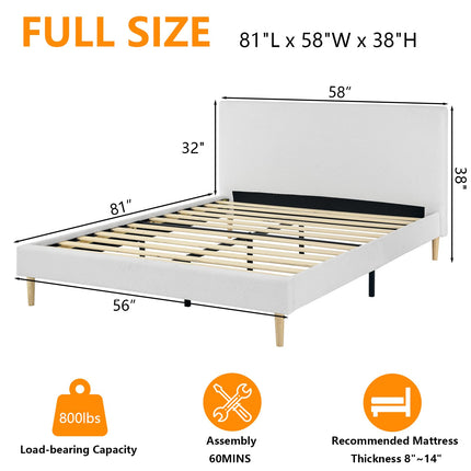Upholstered Bed Frame Full/Queen, Velvet Upholstered Bed Frame with Headboard, Mattress Foundation with Sturdy Wooden Slats, No Box Spring Needed, No Noise, White