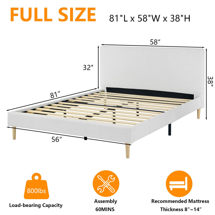 Upholstered Bed Frame Full/Queen, Velvet Upholstered Bed Frame with Headboard, Mattress Foundation with Sturdy Wooden Slats, No Box Spring Needed, No Noise, White