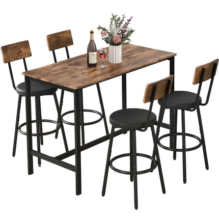 Dining Table Set for 4, 5-Piece Bar Table Set, Kitchen Table and Chairs, Counter Height High Top Table with 4 PU Upholstered Stools, Space-Saving Pub Table Sets for Small Space, Brown