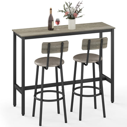 Dining Table Set for 2, 3-Piece Bar Table and Chairs Set, Kitchen Table and Chairs, High Top Table with 2 PU Upholstered Stools, Space-Saving Pub Table Sets for Small Space, Gray