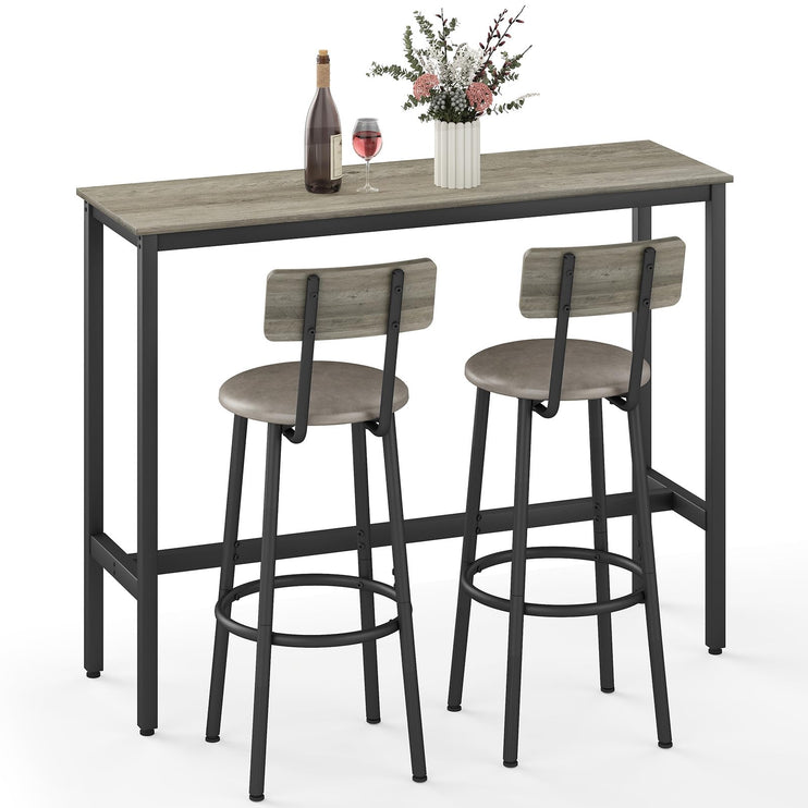Dining Table Set for 2, 3-Piece Bar Table and Chairs Set, Kitchen Table and Chairs, High Top Table with 2 PU Upholstered Stools, Space-Saving Pub Table Sets for Small Space, Gray