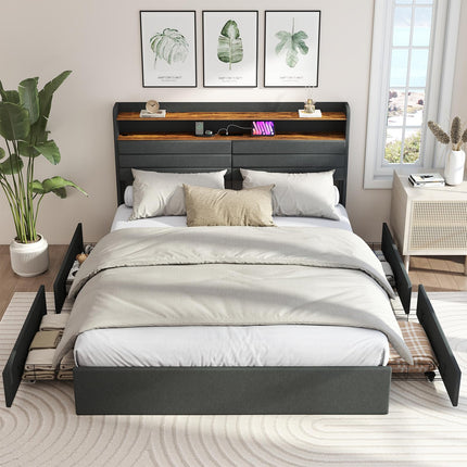 Queen Bed Frame with 4 Storage Drawers, Queen Size Upholstered Bed Frame with Headboard, LED, Charging Station with USB Ports & AC Outlets, Sturdy Metal Slat Support, Noiseless, Gray