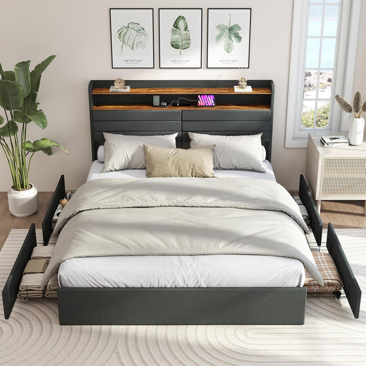 Queen Bed Frame with 4 Storage Drawers, Queen Size Upholstered Bed Frame with Headboard, LED, Charging Station with USB Ports & AC Outlets, Sturdy Metal Slat Support, Noiseless, Gray