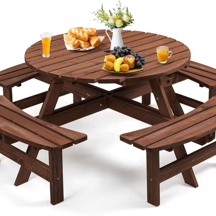 8 Person Wood Picnic Table, Round Tabletop with Umbrella Hole, 4 Integrated Curved Benches, 2220LBS Overall Capacity for Patios, Backyard, Rustic Brown