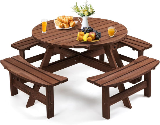 8 Person Wood Picnic Table, Round Tabletop with Umbrella Hole, 4 Integrated Curved Benches, 2220LBS Overall Capacity for Patios, Backyard, Rustic Brown