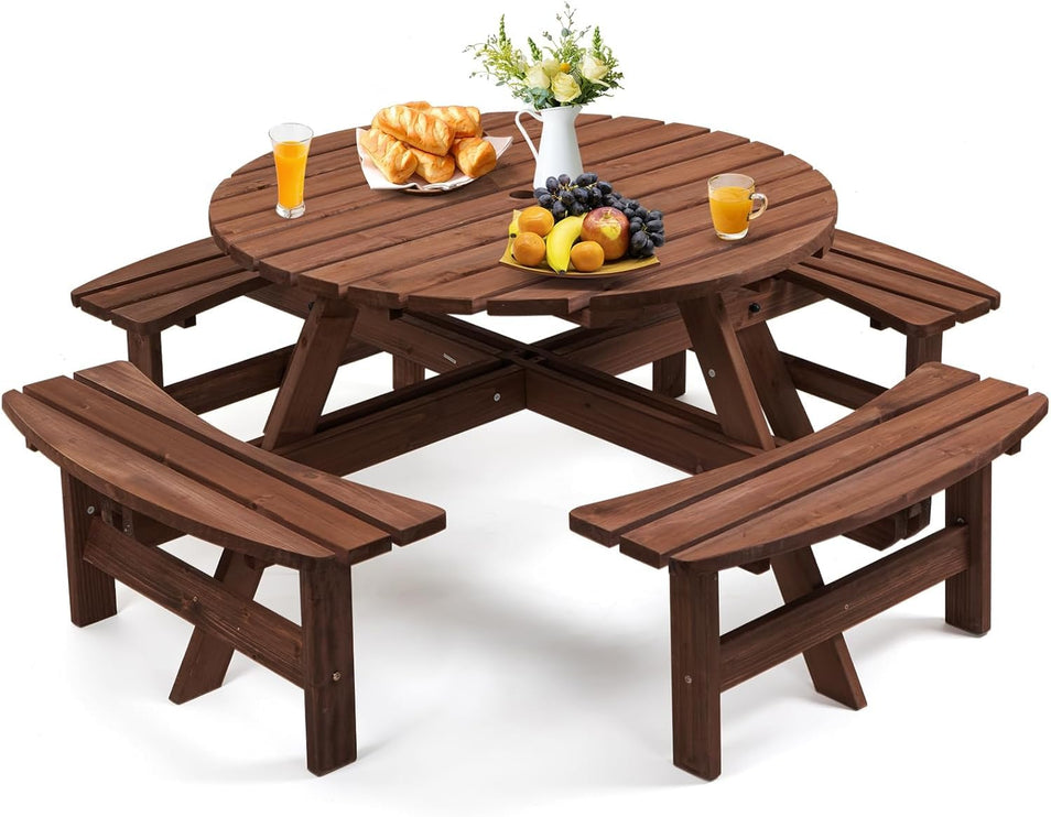 8 Person Wood Picnic Table, Round Tabletop with Umbrella Hole, 4 Integrated Curved Benches, 2220LBS Overall Capacity for Patios, Backyard, Rustic Brown
