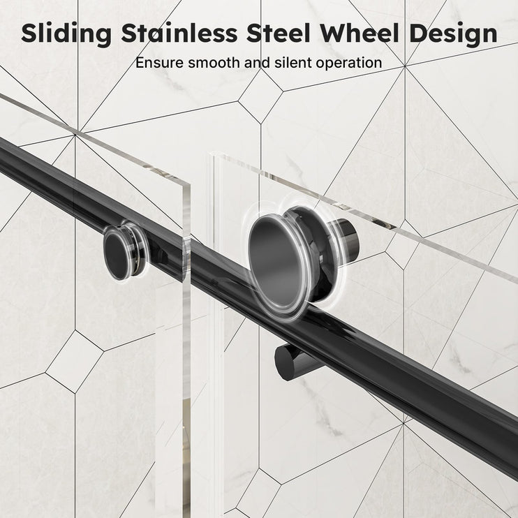 56"-60" W x 76" H Frameless Sliding Shower Door, Bathroom Sliding Door with 1/4'' (6mm) Tempered Glass, Explosion-Proof Film, Silent Soft-Close Shower Door, Stainless Steel Handle, Black