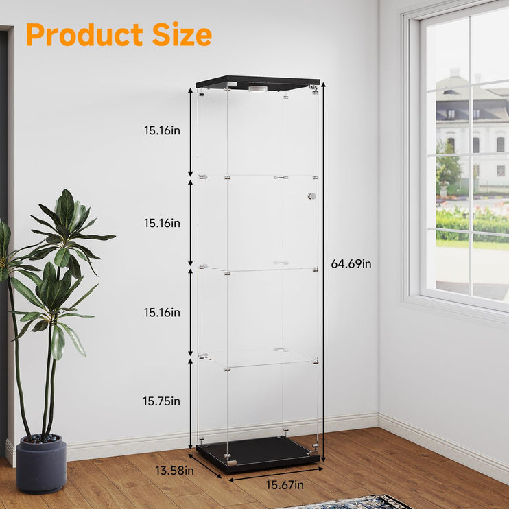 Tempered Glass Display Cabinet with Lights, 4-Tier Curio Cabinet with Glass Doors and Lock, Glass Display Case for Collectibles, for Living Room, Office, Bedroom, Single Door, Black