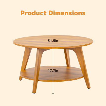Round Coffee Table, 31.5" Small Coffee Table with Storage Shelf, 2-Tier Circle Wood Rustic Center Table, Farmhouse Style Small Coffee Tables for Living Room, Apartment, Walnut