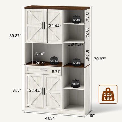 Kitchen Pantry Storage Cabinet with LED Lights and Charging Station, 71" Tall Kitchen Hutch Buffet Cabinet with Door Glass Holder and Drawers, Freestanding Wood Cupboard (Antique White)
