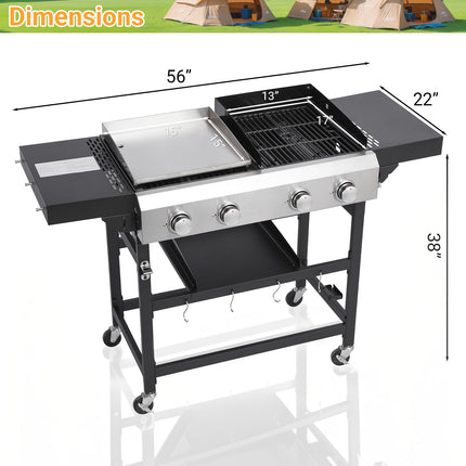 4 Burner Gas Grill and Griddle Combo with Foldable Side Table, Wheels, Stainless Steel Burners, Hooks, 38,240 BTU Gas Grill for Patio, Garden Barbecues