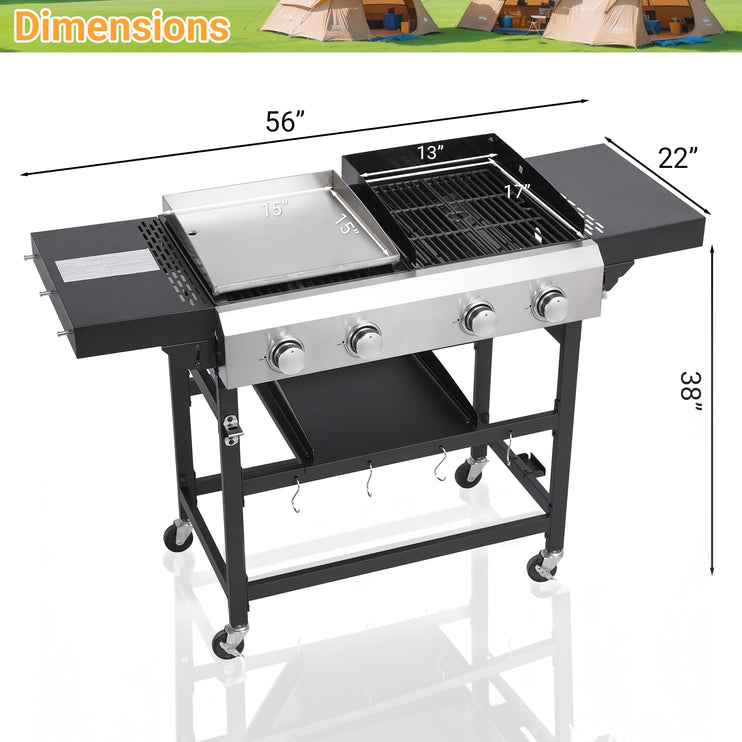 4 Burner Gas Grill and Griddle Combo with Foldable Side Table, Wheels, Stainless Steel Burners, Hooks, 38,240 BTU Gas Grill for Patio, Garden Barbecues