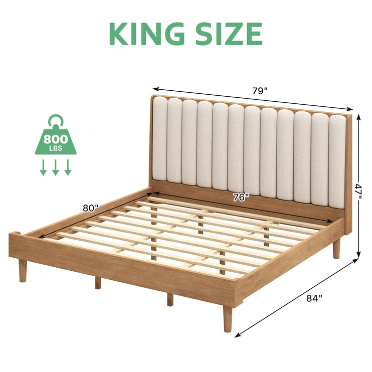 Wood Queen/King Bed Frame with Piano Key Style Upholstered Headboard, Sturdy Solid Wood Framework & Wooden Slat Support, No Box Spring Required, Wheat