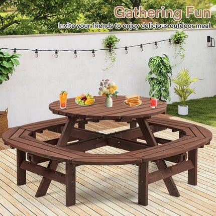 Wood Picnic Table for 10-12 People, Round Top with Umbrella Hole, 4 Built-in Curved Benches, 2220LBS Capacity for Patios & Backyards, Brown