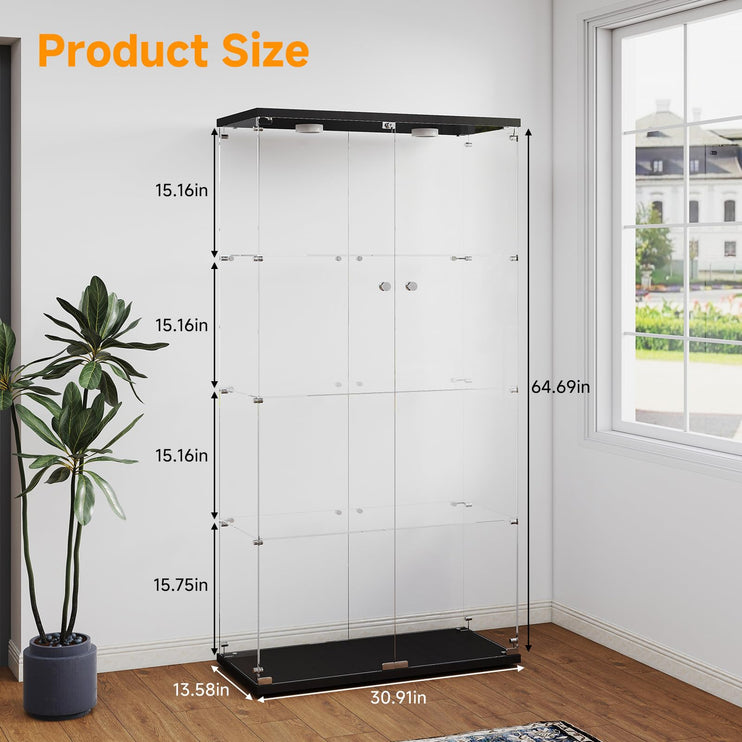 Tempered Glass Display Cabinet with Lights, 4-Tier Curio Cabinet with Glass Doors and Lock, Glass Display Case for Collectibles, for Living Room, Bedroom, Office, Black, Double Door