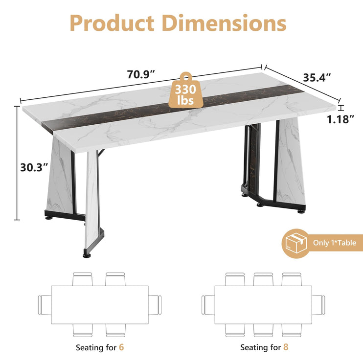 70.9" Large Dining Table for 8, Wood Dining Table for 6-8, Farmhouse Kitchen Table with Spacious Tabletop & V-Shaped Steel Base, 8 Adjustable Legs for Kitchen, Office, Dining Room-White