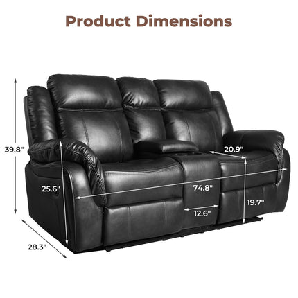 Leather Manual Recliner Sofa Set, 1, 2, 3 Seat Reclining Chairs with Adjustable Angles, Center Console, Hidden Storage & Cup Holders, Modern Reclining Furniture for Living Room & Bedroom, Black