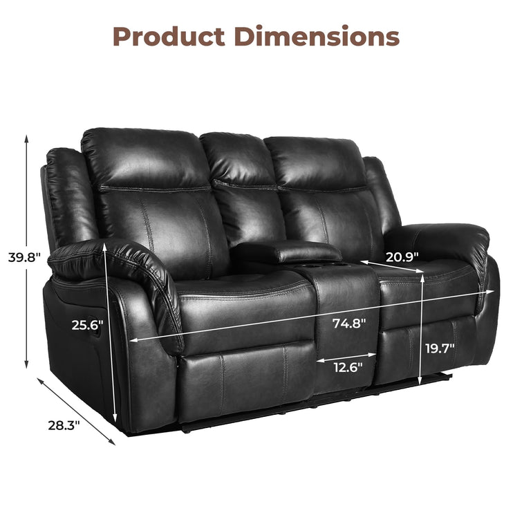 Leather Manual Recliner Sofa Set, 1, 2, 3 Seat Reclining Chairs with Adjustable Angles, Center Console, Hidden Storage & Cup Holders, Modern Reclining Furniture for Living Room & Bedroom, Black