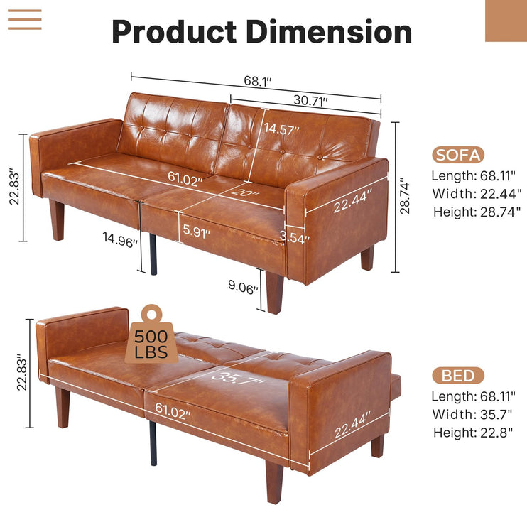 Futon Sofa Bed Futon Couch Loveseat, Convertible Recliner Lounge with Adjustable Backrest, Foam and Spring Cushions for Living Room Apartment Office, PU Leather, Brown