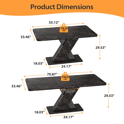 55"-70.87" Expandable Dining Table, Dinner Table for 4-8, Farmhouse Kitchen Table with X-Shaped Design Base, Rectangular Long Kitchen Table with Metal Track for Dining Room, Office-Marble