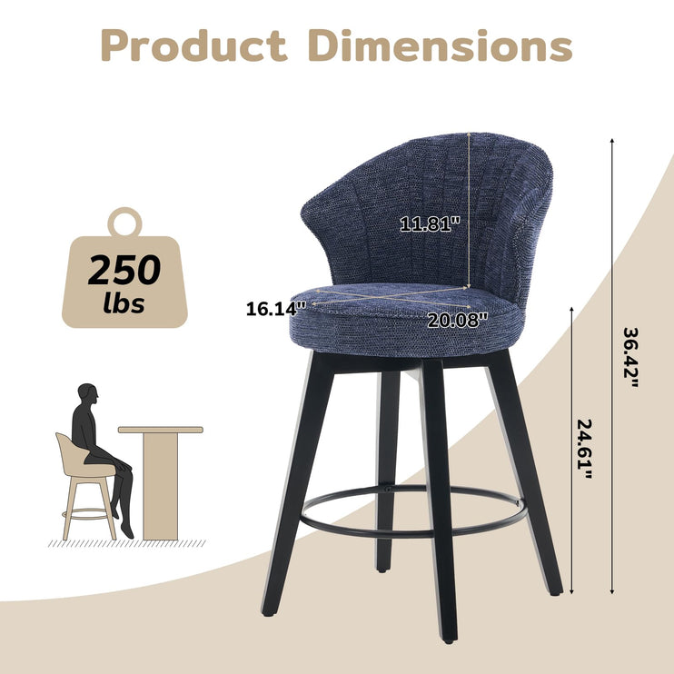 Bar Stools Set of 2, 25" Counter Height Stools, 360° Swivel Bar Stools, Stools for Kitchen Counter, Barstools Set of 2 with Wood Legs & Chenille Upholstery for Pub & Dining Room-Blue