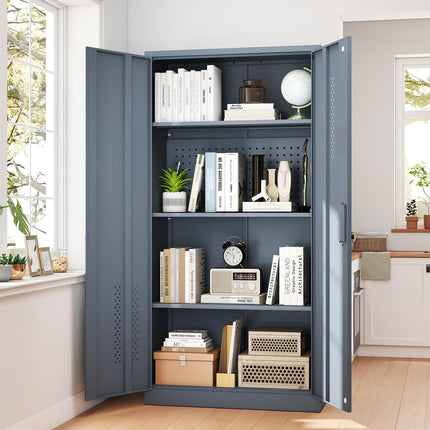 72" H Metal Storage Cabinet, Garage Storage Cabinet with 2 Doors and 4 Adjustable Shelves, Tall Lockable Cabinet for Kitchen, Office, Home or Garage（Grey）