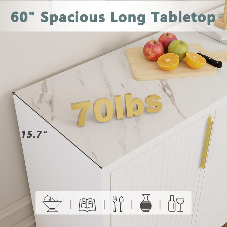 Buffet Sideboard Storage Cabinet 60inch Coffee Bar Console Table with Adjustable Shelf, 4 Doors, White