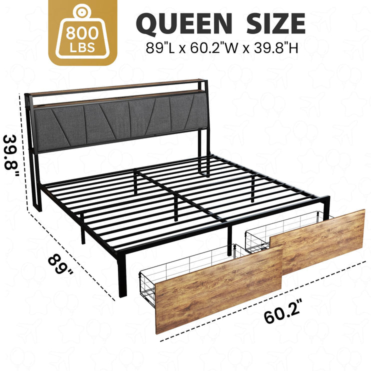Queen Bed with Storage Shelf, Queen Bed with LED Lights, Charging Station & Drawers, Queen Size Bed with Upholstered Headboard, No Noise, Black and Brown