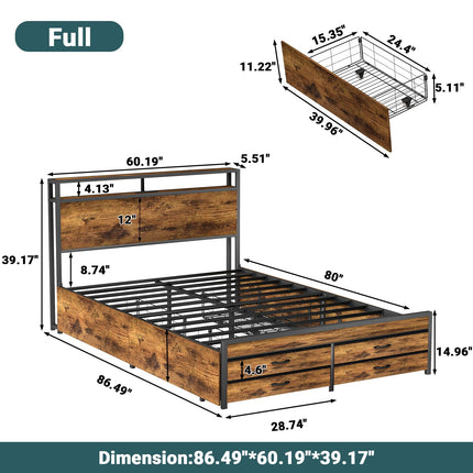 Full Bed Frame with 8 Storage Drawers, Full Metal Bed Frame with LED Light and Charging Station, Heavy Duty Metal Slats, No Box Spring Needed, Rustic Brown