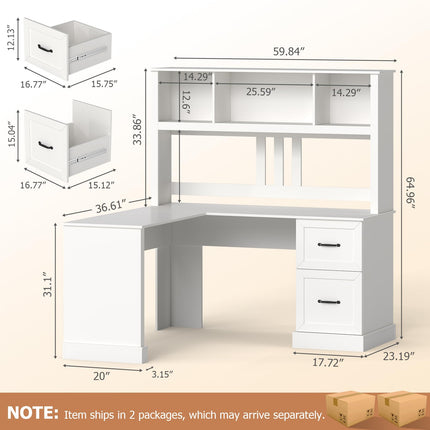 60" L Shaped Desk with Hutch and Drawers, Corner Computer Desk with Open Storage Shelves, Wooden Executive Desk for Home Office or Bedroom, Modern White