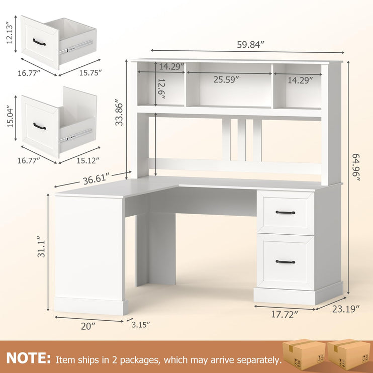 60" L Shaped Desk with Hutch and Drawers, Corner Computer Desk with Open Storage Shelves, Wooden Executive Desk for Home Office or Bedroom, Modern White