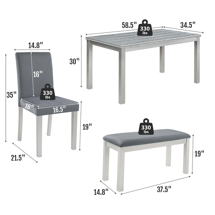6-Piece Solid Wood Dining Table Set, Including 1 Dining Table, 4 Upholstered Chairs and 1 Bench, Wooden Dining Table Set with Crystal Decoration for Kitchen, Dining Room, Silver Grey