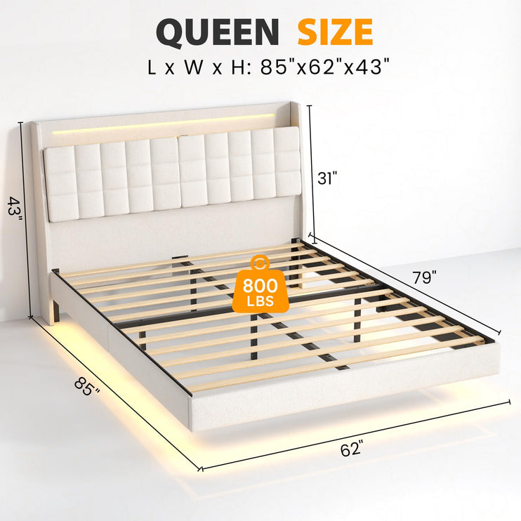 Floating Queen Bed Frame with Storage, Upholstered Platform Bed Frame Queen with LED Lights, Floating Bed Frame with Headboard, Charging Station with USB Ports, Noiseless, White