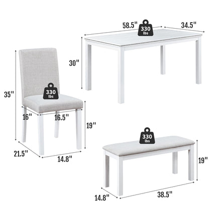 6-Piece Solid Wood Dining Table Set, Including 1 Dining Table, 4 Upholstered Chairs and 1 Bench, Wooden Legs Dining Table Set for Dining Room, Kitchen, Restaurant, White Diamond