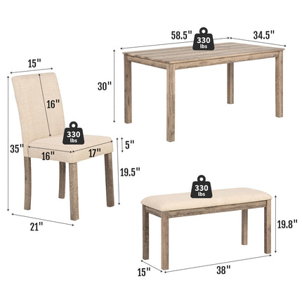 6-Piece Solid Wood Dining Table Set, Including 1 Dining Table, 4 Upholstered Chairs and 1 Bench, Wooden Legs Dining Table Set for Dining Room, Kitchen, Restaurant, Brown