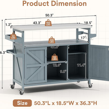 Outdoor Grill Cart with Storage, Stainless Steel Tabletop Outdoor Kitchen Island, Fir Wood Outdoor Buffet Cabinet with Lockable Wheels for Grilling, Gray-Blue