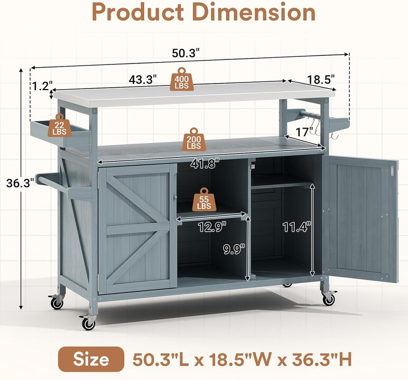 Outdoor Grill Cart with Storage, Stainless Steel Tabletop Outdoor Kitchen Island, Fir Wood Outdoor Buffet Cabinet with Lockable Wheels for Grilling, Gray-Blue