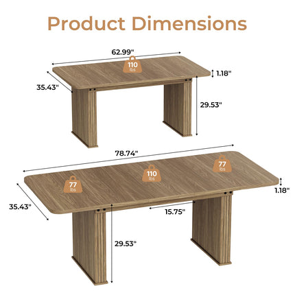 63"-78.7" Expandable Dining Table, 6-10 Farmhouse Kitchen Table, Rectangular Extendable Dining Table, with Metal Slide Track, Widened Wood Striped Legs for Dining Room-Beige Brown