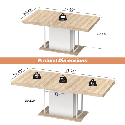63"-78.7" Expandable Dining Table, 6-10 Farmhouse Kitchen Table, Extendable Dining Room Tables, Rectangular Table with Metal Track, Stable Central Column Base for Living Room, Home-Oak