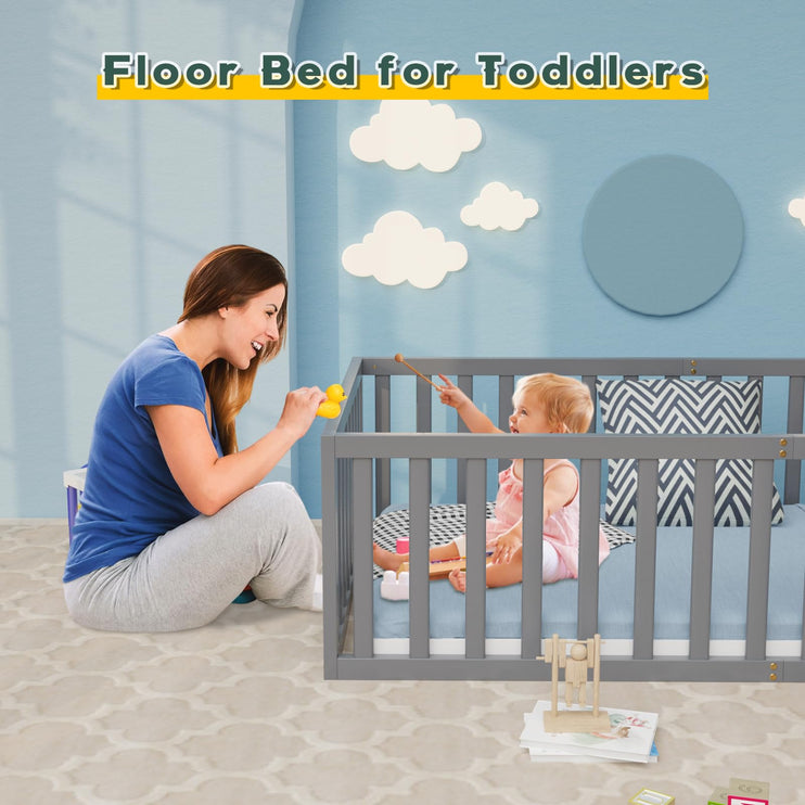 Queen Size Floor Bed for Kids & Children, Queen Montessori Floor Bed with Safety Guardrails and Door, Wood Floor Beds Frame for Boys and Girls, Easy Assembly(Grey)