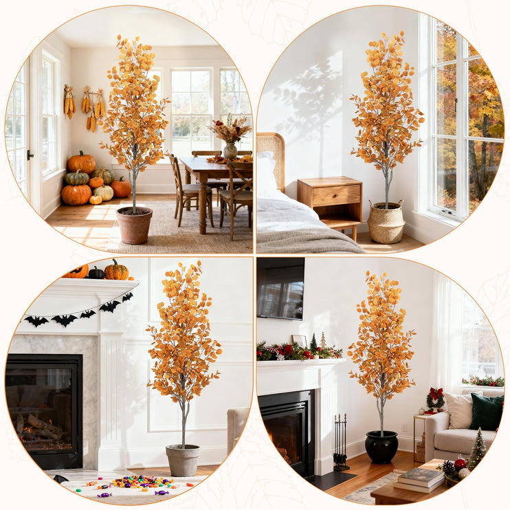 6FT Artificial Eucalyptus Tree with Wicker Basket & Black Pot, Indoor Green Faux Eucalyptus Trees, Fake Eucalyptus Plants with Lifelike Leaves & Natural Trunk for Home Office Bedroom, 1 Pack