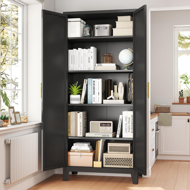 70.87" H Metal Kitchen Pantry Cabinet, Freestanding Cupboard with 2 Doors and 4 Adjustable Shelves, Tall Metal Storage Cabinet for Kitchen, Bathroom, Dinning Room or Laundry Room （Black）