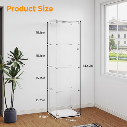 Tempered Glass Display Cabinet with Lights, 4-Tier Curio Cabinet with Glass Doors and Lock, Glass Display Case for Collectibles, for Living Room, Office, Bedroom, Single Door, White