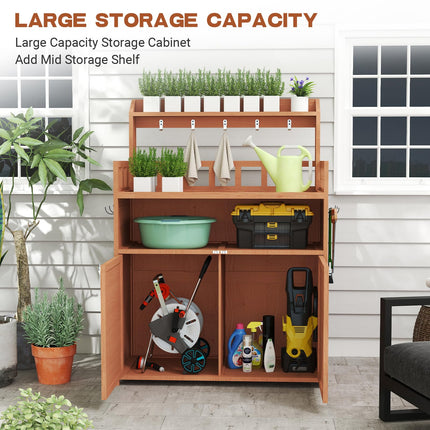 Outdoor Potting Bench Table for Outside, Solid Fir Wood Garden Horticultural Planting Workstation with Large Storage Cabinet and Top Shelf for Gardening, Patio, Backyard