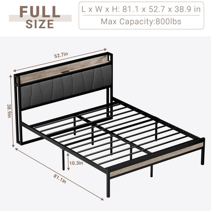 Full Bed Frame, 2 Tier Shelf Headboard with USB Ports & Power Outlets Charging Station, Full Size Metal Platform Bed Frame with Upholstered Headboard, Noise-Free, No Box Spring Needed
